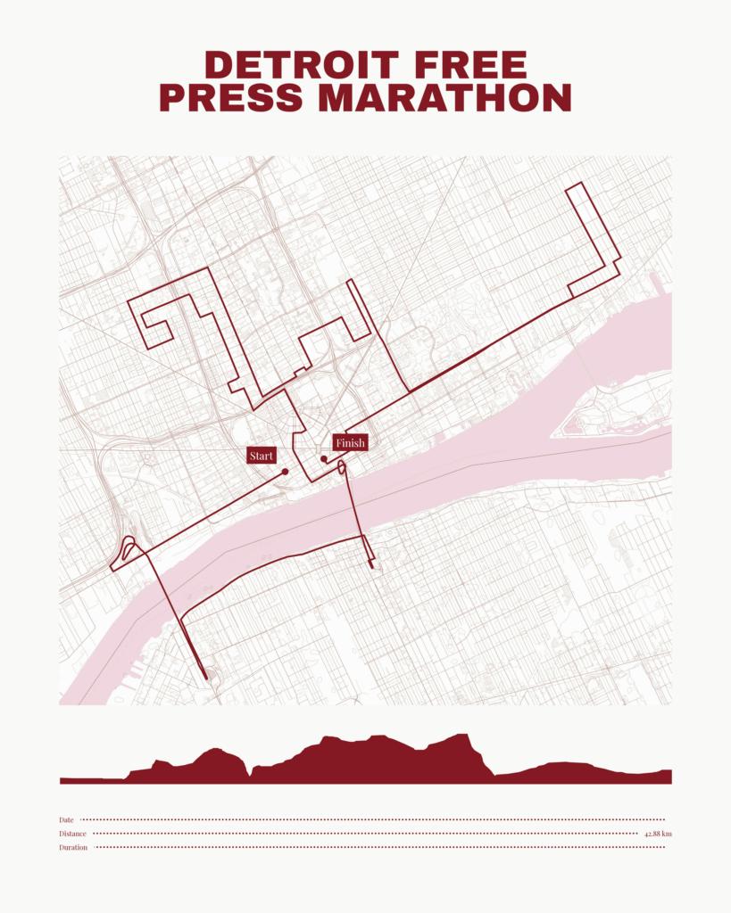 Póster con un mapa de Detroit Free 
Press Marathon